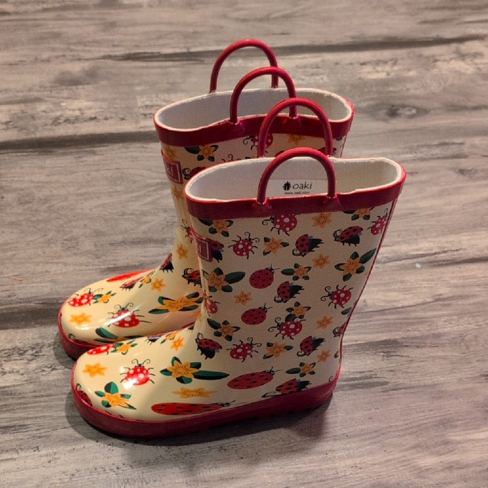 OAK Kids Rain Boots with Ladybug and Floral Design - Red and Yellow